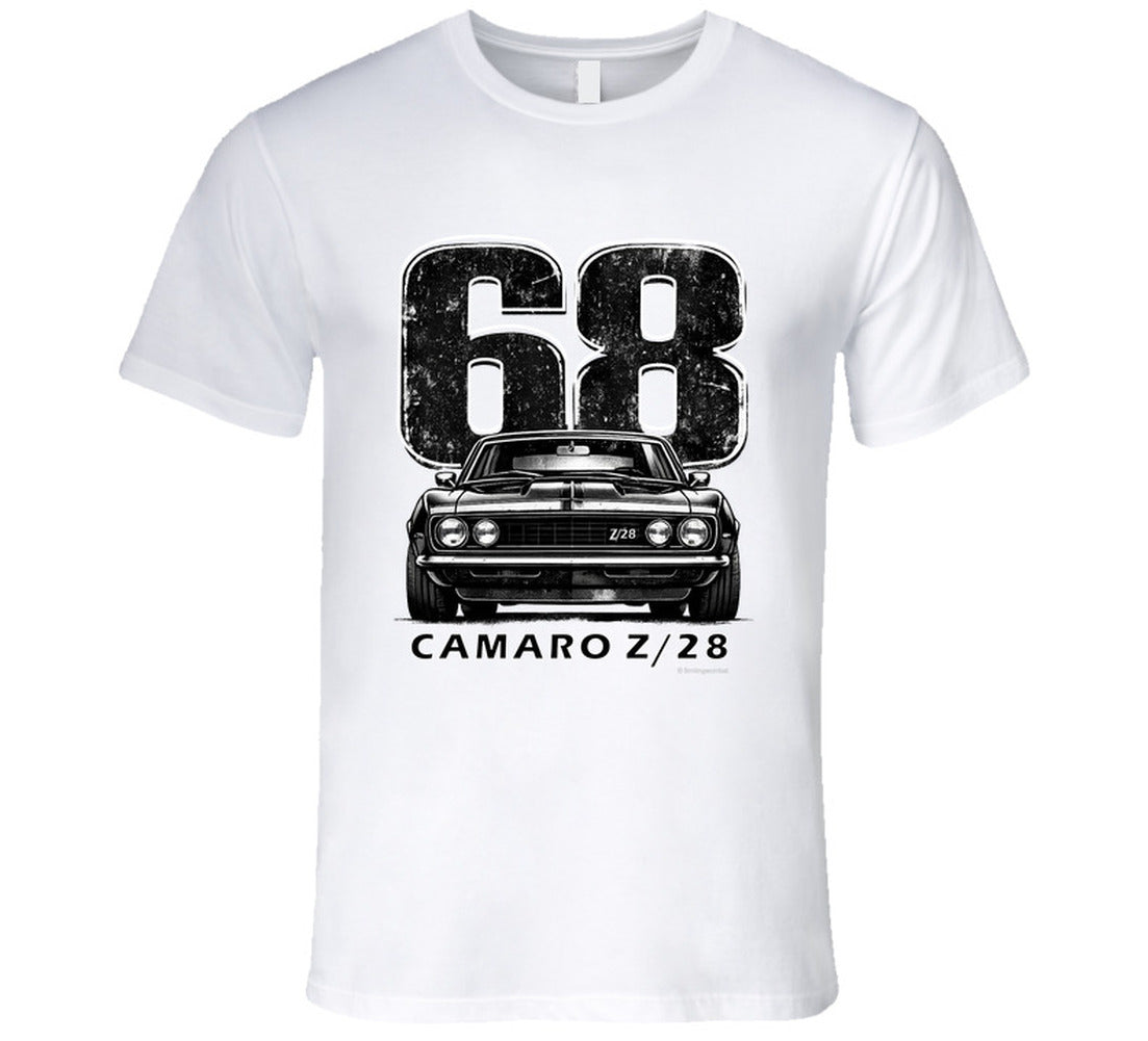 "1968 Camaro Z/28 graphic t-shirt with vintage muscle car design"
