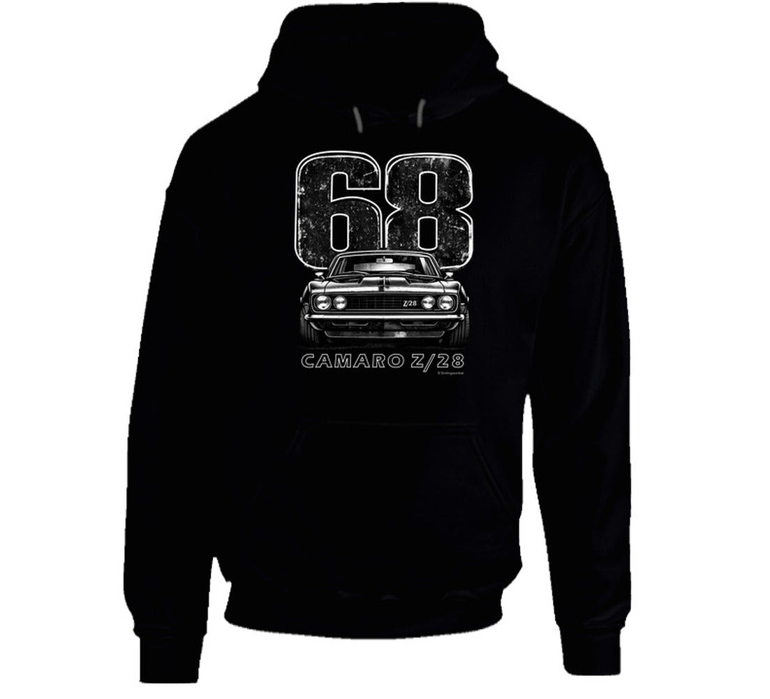 "Retro Camaro Z/28 hooded sweatshirt featuring iconic muscle car"