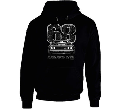 "Retro Camaro Z/28 hooded sweatshirt featuring iconic muscle car"