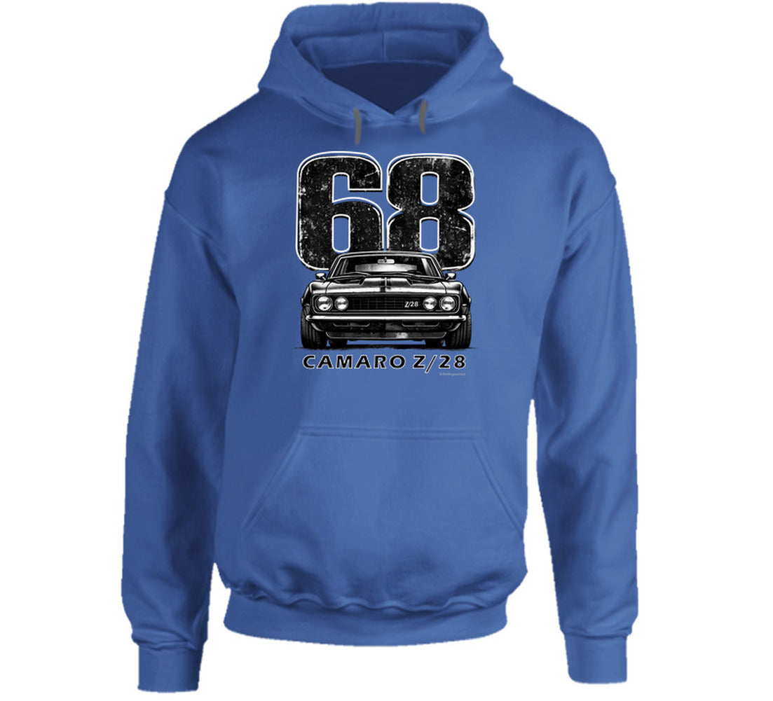 "Retro Camaro Z/28 hooded sweatshirt featuring iconic muscle car"