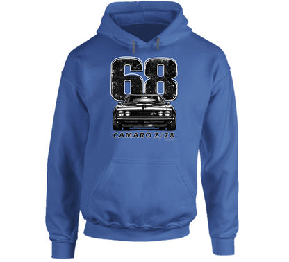 "Retro Camaro Z/28 hooded sweatshirt featuring iconic muscle car"