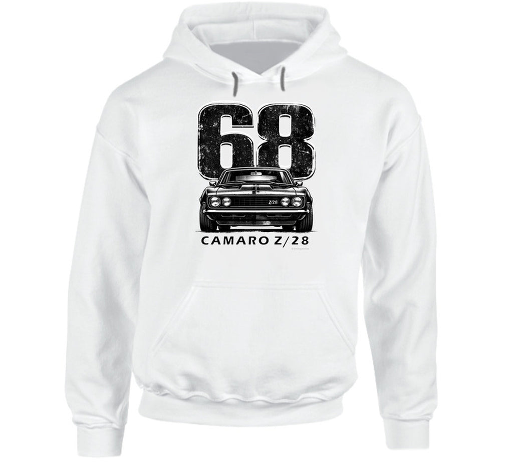 "Retro Camaro Z/28 hooded sweatshirt featuring iconic muscle car"