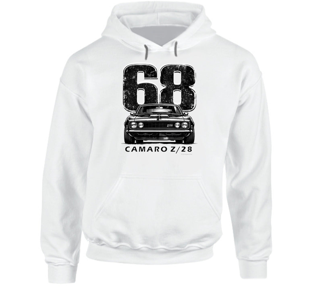 "Retro Camaro Z/28 hooded sweatshirt featuring iconic muscle car"