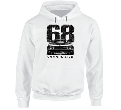 "Retro Camaro Z/28 hooded sweatshirt featuring iconic muscle car"