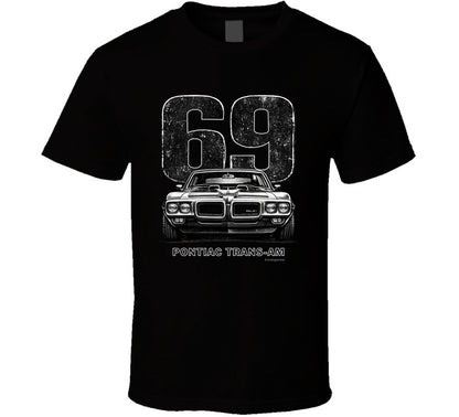 "1969 Pontiac Trans-Am vintage car graphic t-shirt with distressed 69 number print"