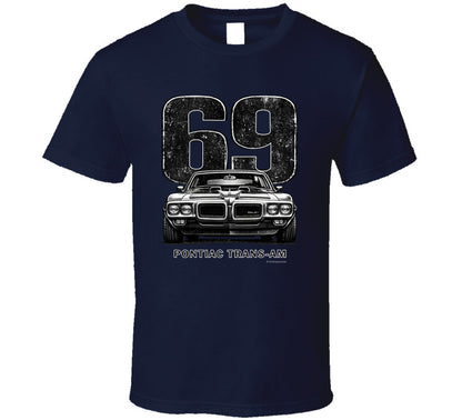 "1969 Pontiac Trans-Am vintage car graphic t-shirt with distressed 69 number print"