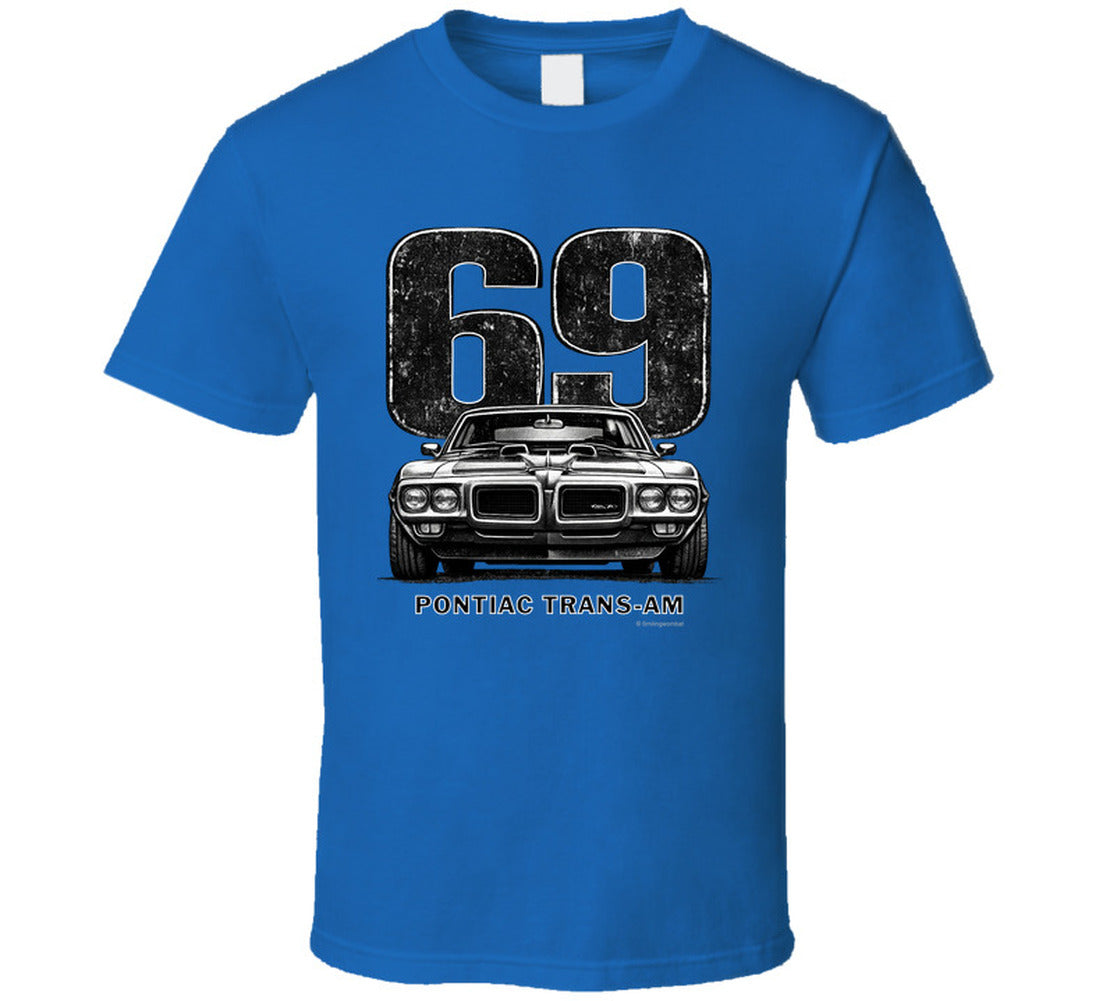 "1969 Pontiac Trans-Am vintage car graphic t-shirt with distressed 69 number print"