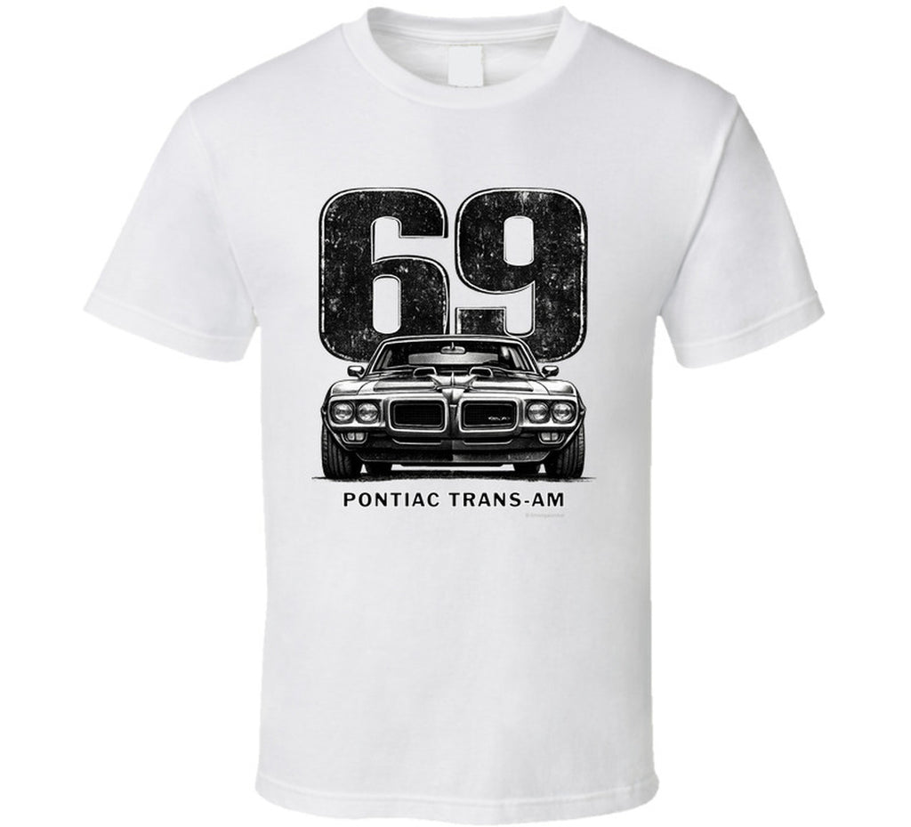 "1969 Pontiac Trans-Am vintage car graphic t-shirt with distressed 69 number print"