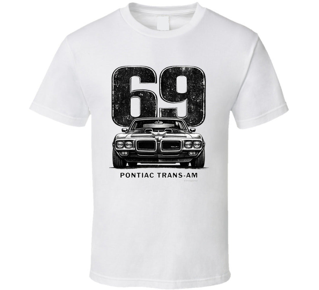 "1969 Pontiac Trans-Am vintage car graphic t-shirt with distressed 69 number print"
