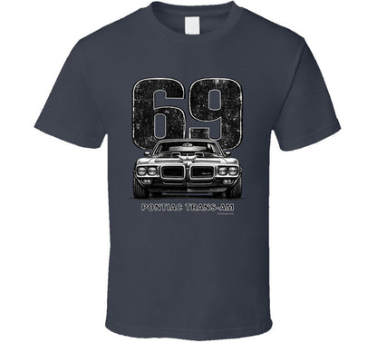 "1969 Pontiac Trans-Am vintage car graphic t-shirt with distressed 69 number print"