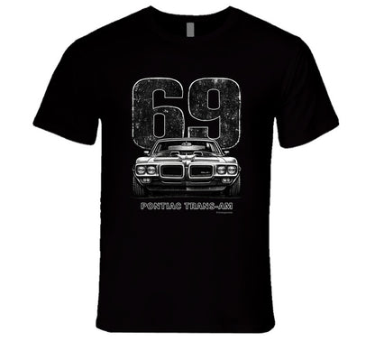 "1969 Pontiac Trans-Am vintage car graphic t-shirt with distressed 69 number print"