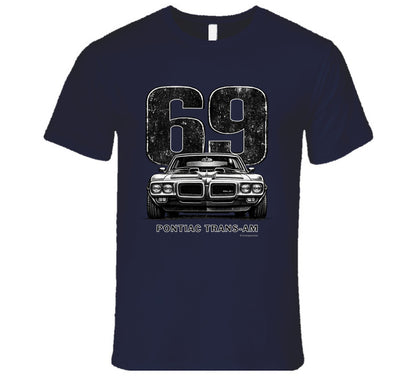 "1969 Pontiac Trans-Am vintage car graphic t-shirt with distressed 69 number print"