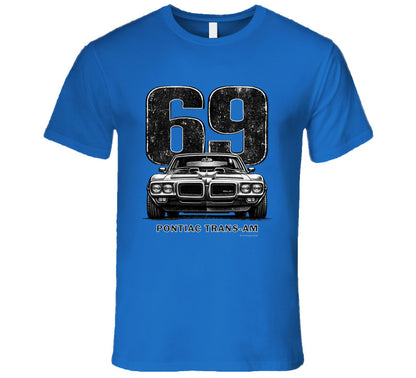 "1969 Pontiac Trans-Am vintage car graphic t-shirt with distressed 69 number print"