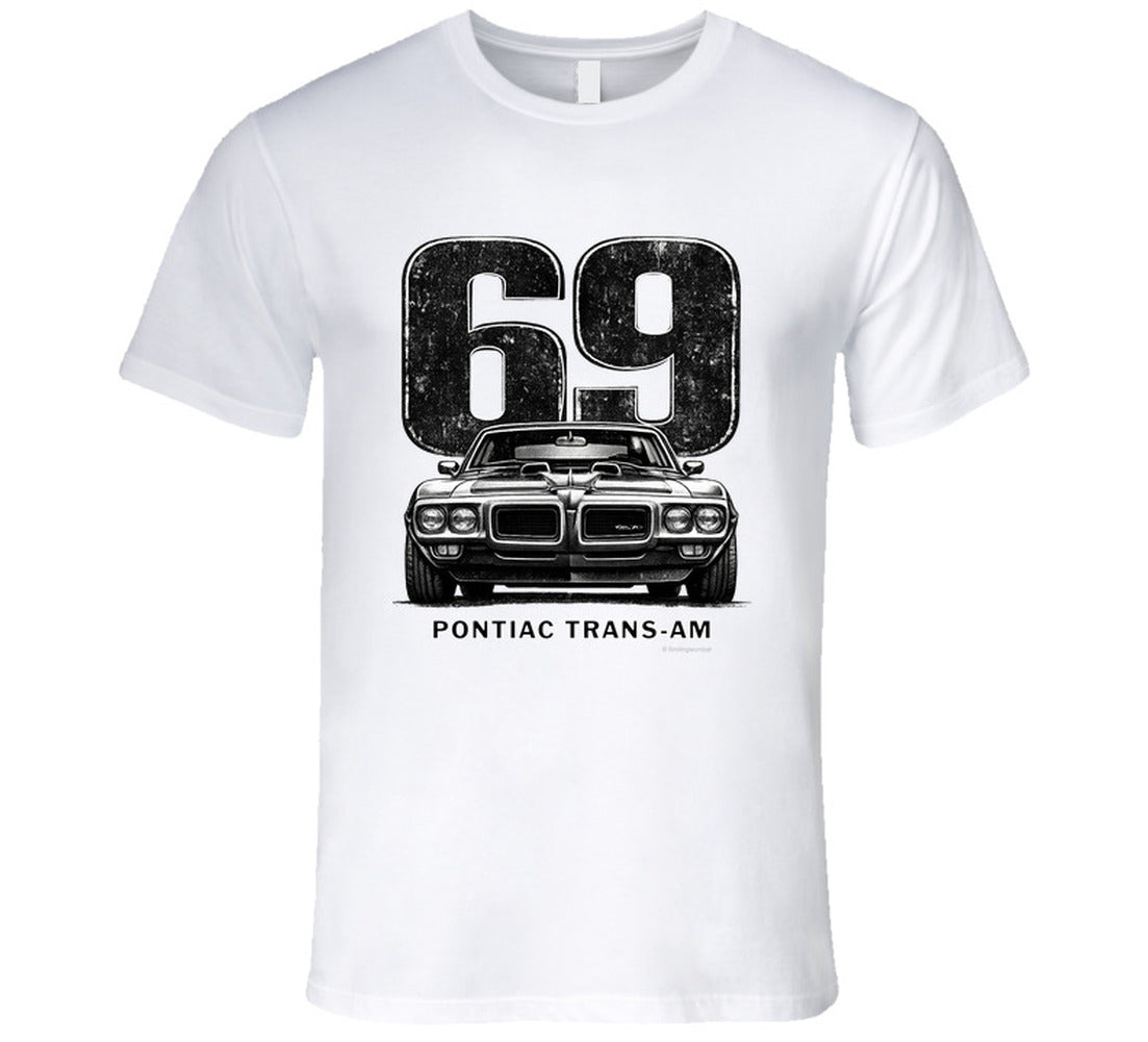"1969 Pontiac Trans-Am vintage car graphic t-shirt with distressed 69 number print"