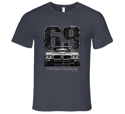 "1969 Pontiac Trans-Am vintage car graphic t-shirt with distressed 69 number print"