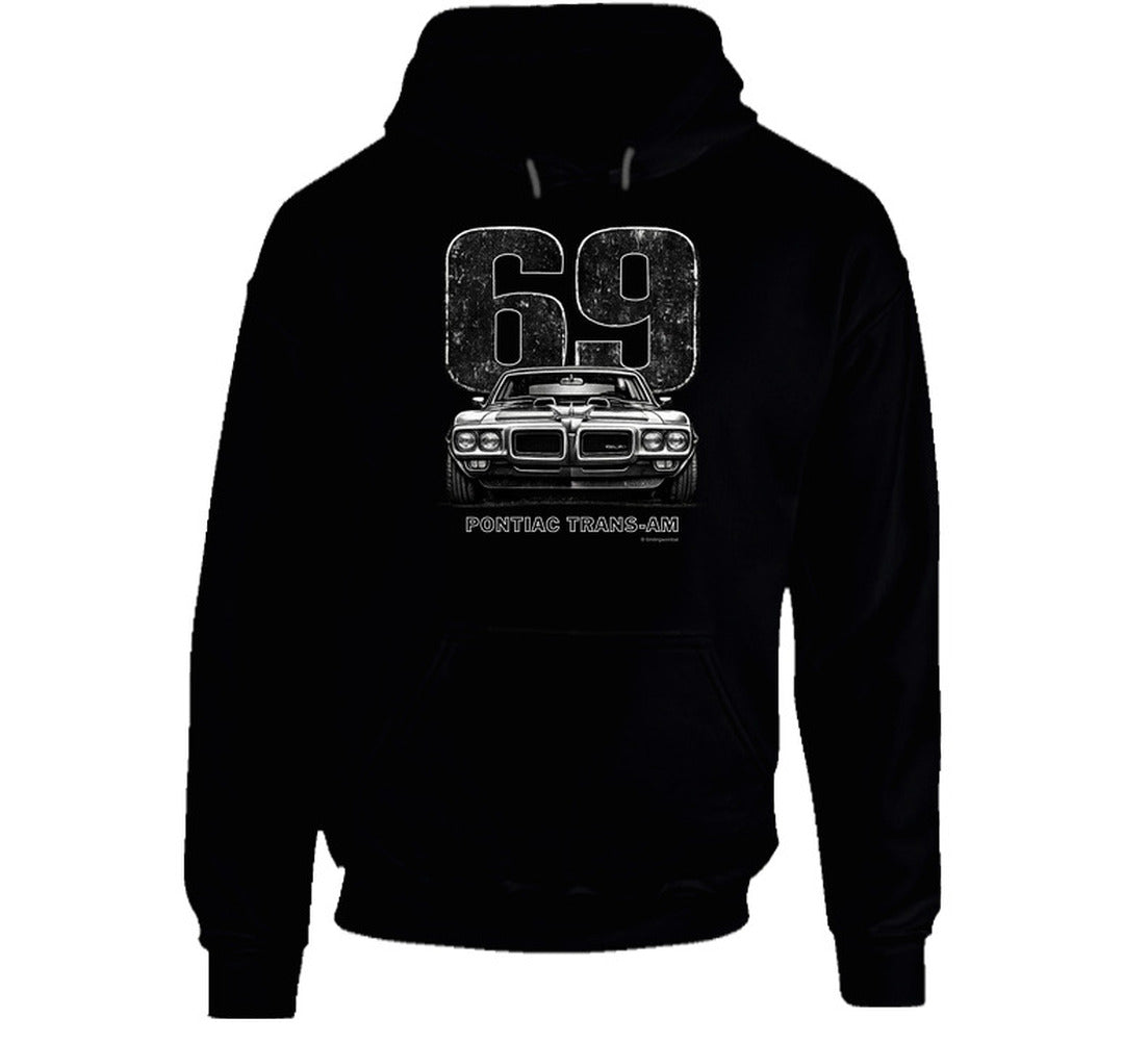"1969 Pontiac Trans-Am hoodie featuring vintage muscle car and distressed 69 graphic"