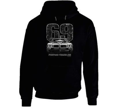 "1969 Pontiac Trans-Am hoodie featuring vintage muscle car and distressed 69 graphic"