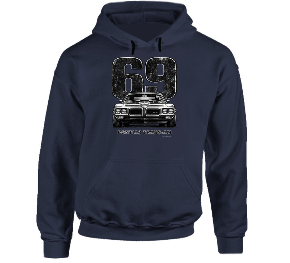 "1969 Pontiac Trans-Am hoodie featuring vintage muscle car and distressed 69 graphic"