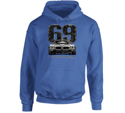 "1969 Pontiac Trans-Am hoodie featuring vintage muscle car and distressed 69 graphic"