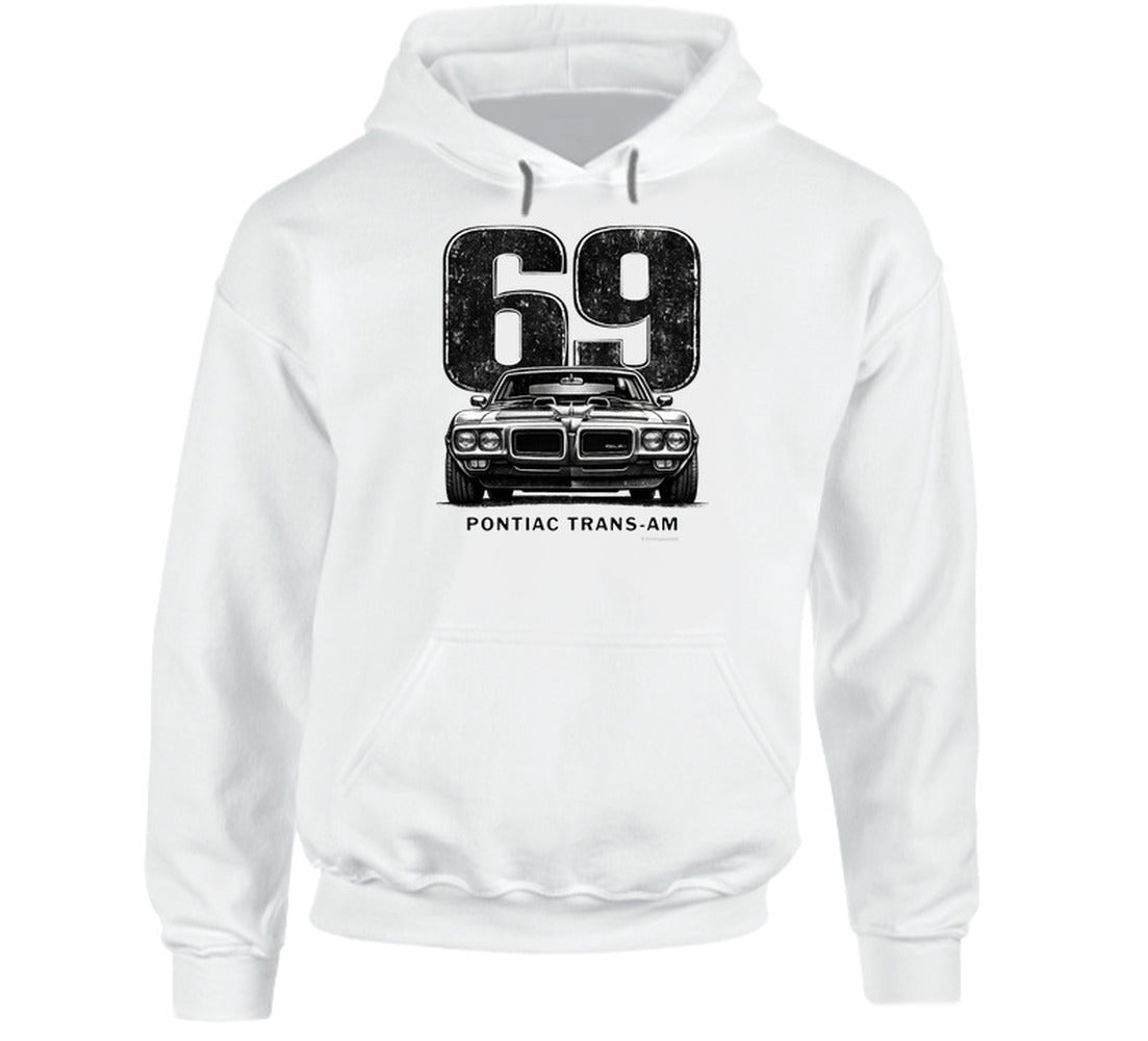 "1969 Pontiac Trans-Am hoodie featuring vintage muscle car and distressed 69 graphic"