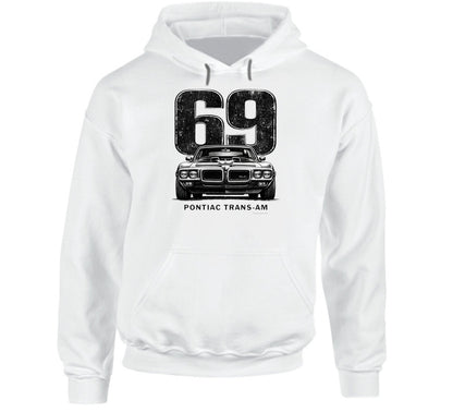 "1969 Pontiac Trans-Am hoodie featuring vintage muscle car and distressed 69 graphic"