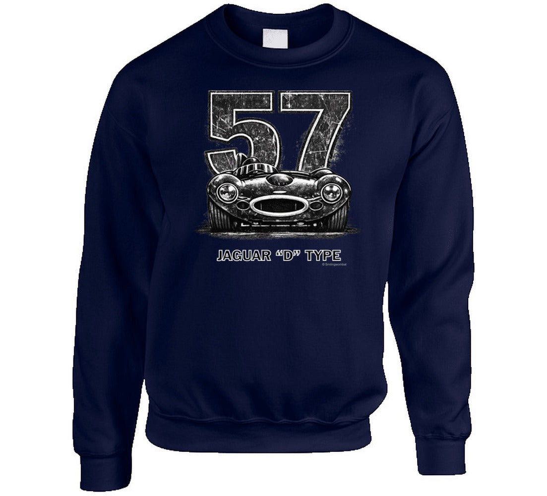 "1957 Jaguar D-Type classic car sweatshirt featuring retro distressed racing design in black and white"