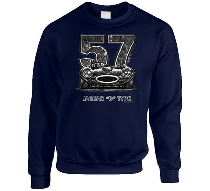 "1957 Jaguar D-Type classic car sweatshirt featuring retro distressed racing design in black and white"