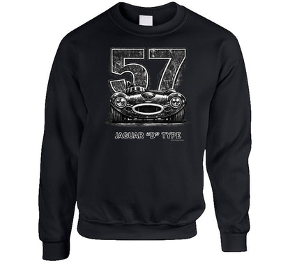 "1957 Jaguar D-Type classic car sweatshirt featuring retro distressed racing design in black and white"