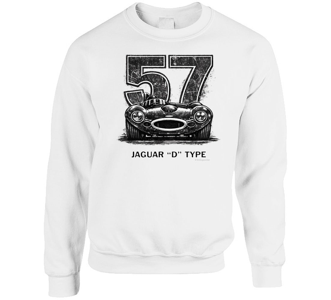 "1957 Jaguar D-Type classic car sweatshirt featuring retro distressed racing design in black and white"