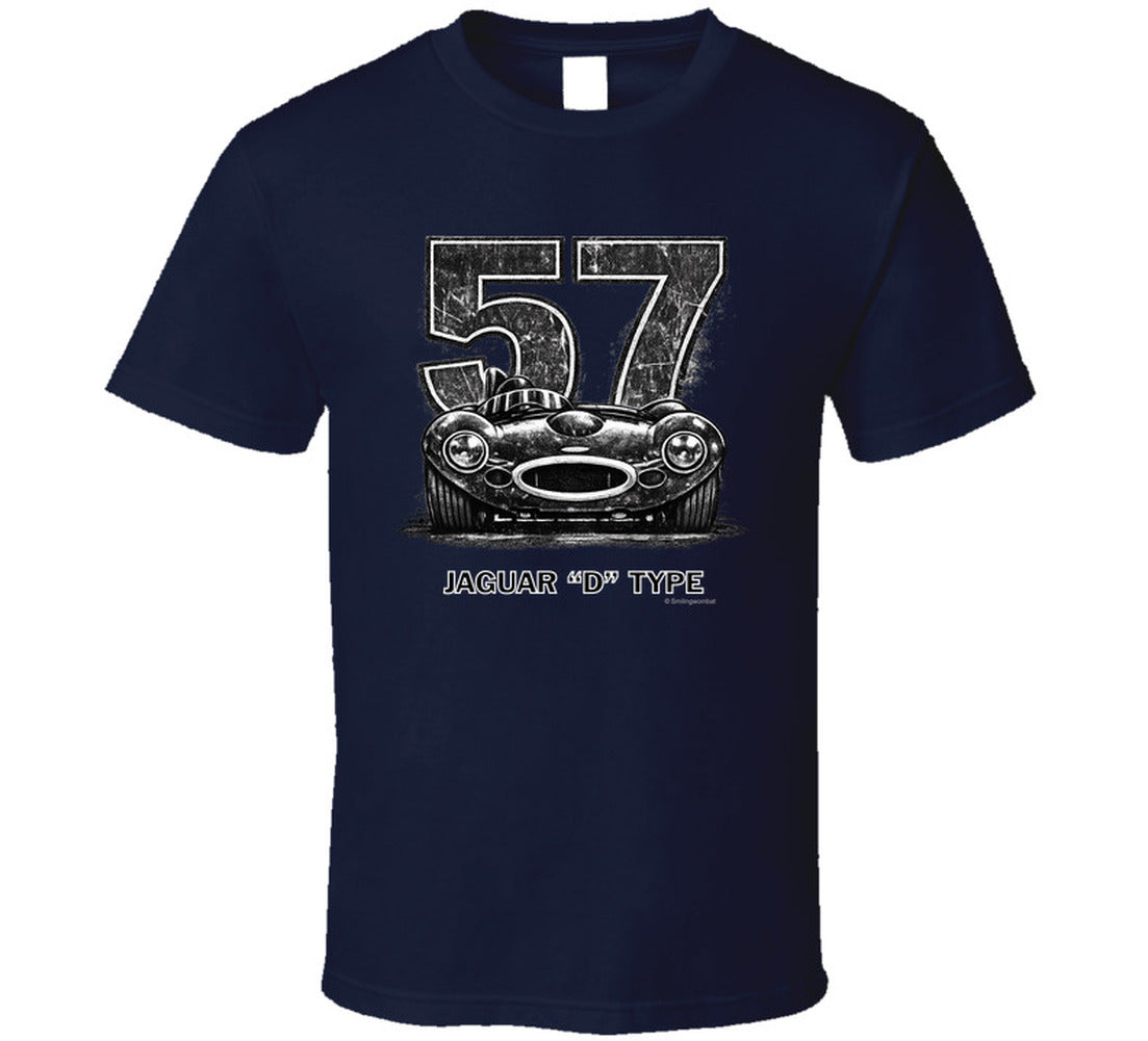 1957 Jaguar D-Type vintage racing car t-shirt with distressed number 57 design on  tee"