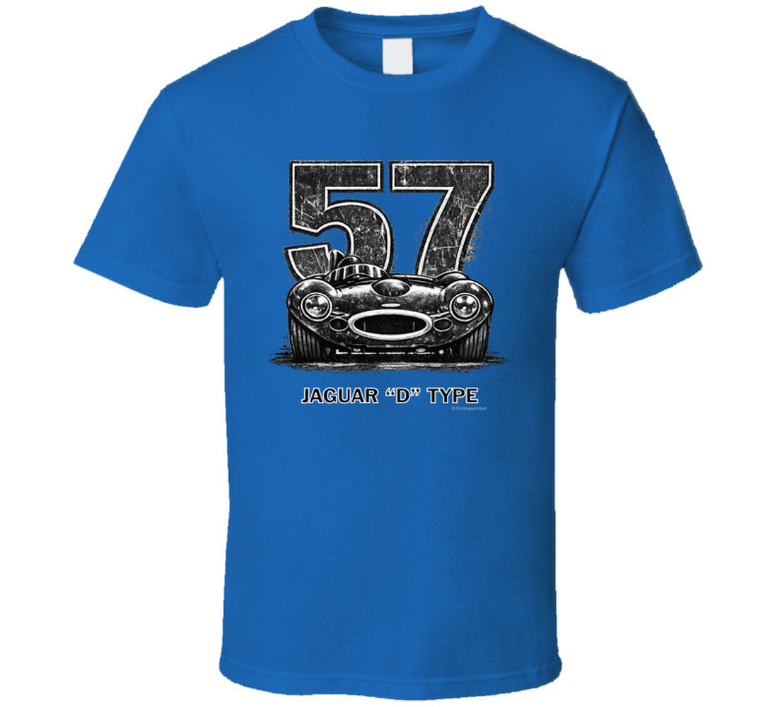 1957 Jaguar D-Type vintage racing car t-shirt with distressed number 57 design on  tee"