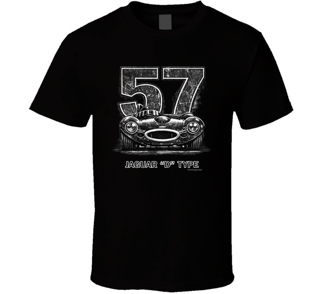 1957 Jaguar D-Type vintage racing car t-shirt with distressed number 57 design on  tee"