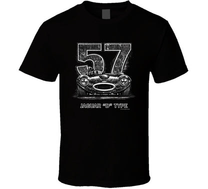 1957 Jaguar D-Type vintage racing car t-shirt with distressed number 57 design on  tee"