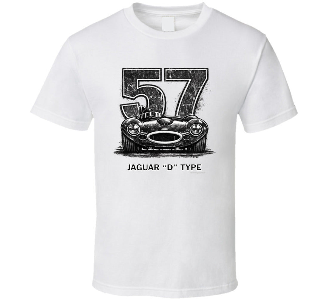 1957 Jaguar D-Type vintage racing car t-shirt with distressed number 57 design on  tee"