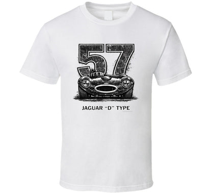 1957 Jaguar D-Type vintage racing car t-shirt with distressed number 57 design on  tee"
