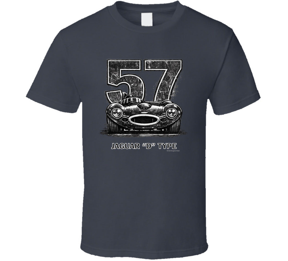 1957 Jaguar D-Type vintage racing car t-shirt with distressed number 57 design on  tee"