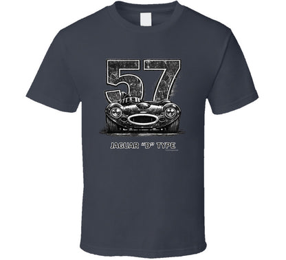 1957 Jaguar D-Type vintage racing car t-shirt with distressed number 57 design on  tee"