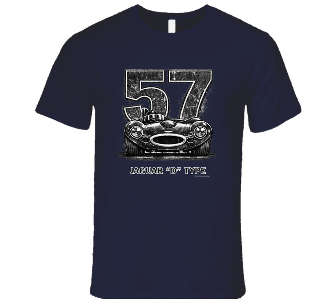 1957 Jaguar D-Type vintage racing car t-shirt with distressed number 57 design on  tee"