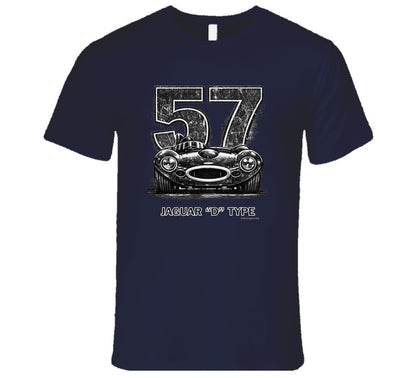 1957 Jaguar D-Type vintage racing car t-shirt with distressed number 57 design on  tee"