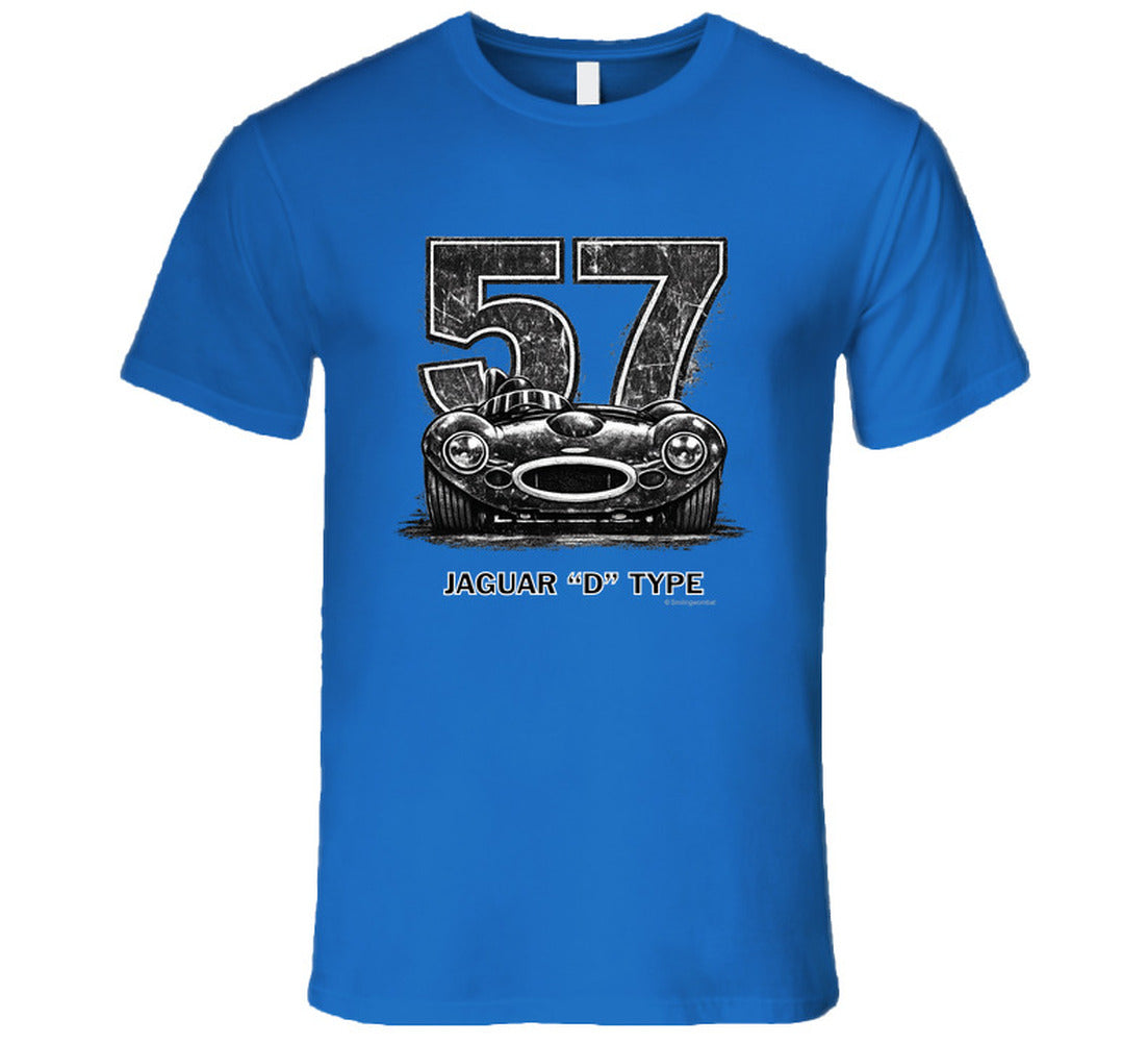 1957 Jaguar D-Type vintage racing car t-shirt with distressed number 57 design on  tee"