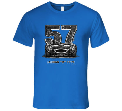 1957 Jaguar D-Type vintage racing car t-shirt with distressed number 57 design on  tee"