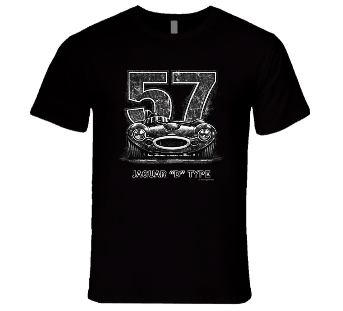 1957 Jaguar D-Type vintage racing car t-shirt with distressed number 57 design on  tee"