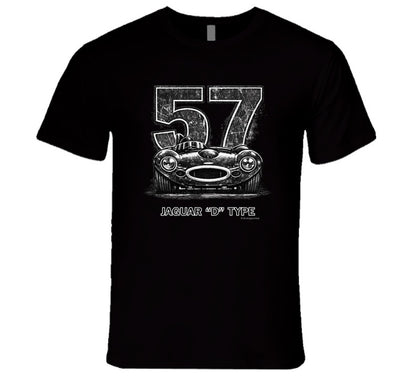 1957 Jaguar D-Type vintage racing car t-shirt with distressed number 57 design on  tee"