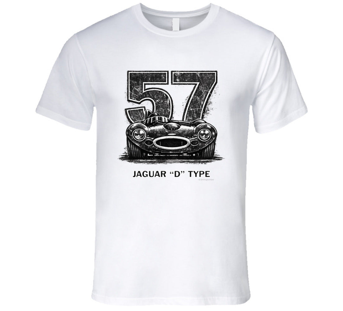 1957 Jaguar D-Type vintage racing car t-shirt with distressed number 57 design on  tee"