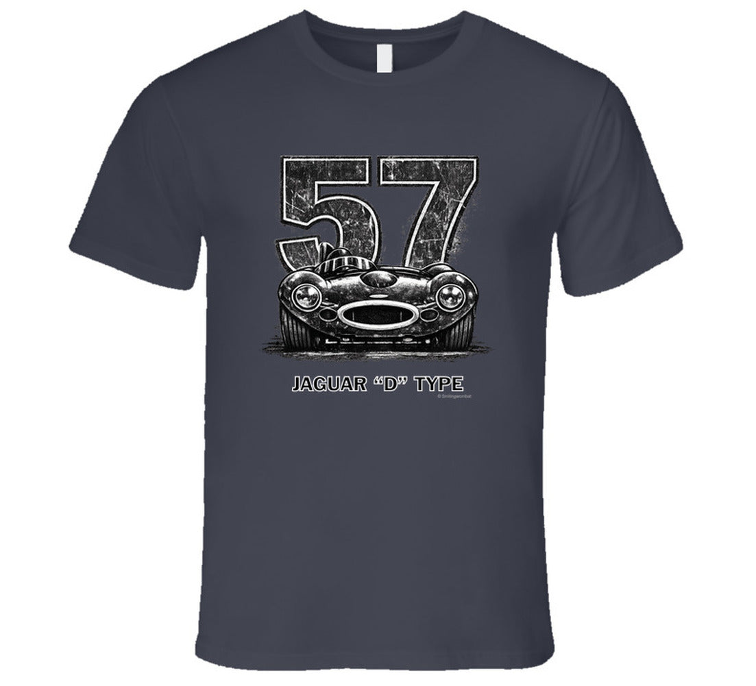 1957 Jaguar D-Type vintage racing car t-shirt with distressed number 57 design on  tee"
