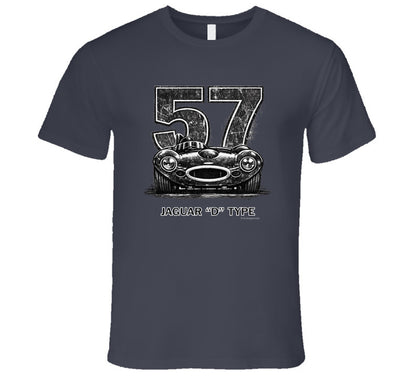 1957 Jaguar D-Type vintage racing car t-shirt with distressed number 57 design on  tee"
