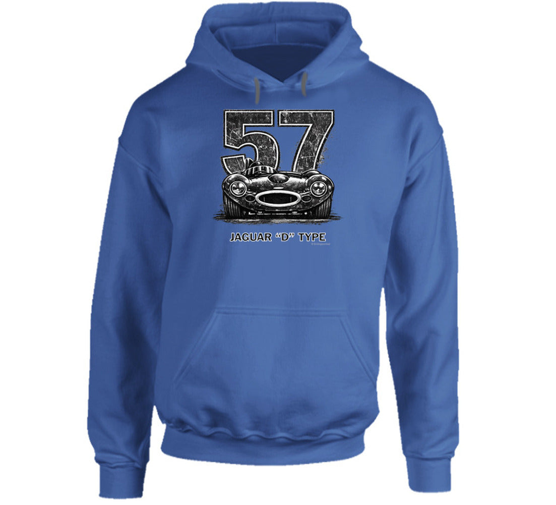"Vintage Jaguar D-Type hoodie with bold 57 racing number and classic British sports car illustration"
