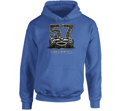 "Vintage Jaguar D-Type hoodie with bold 57 racing number and classic British sports car illustration"