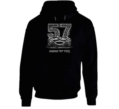"Vintage Jaguar D-Type hoodie with bold 57 racing number and classic British sports car illustration"
