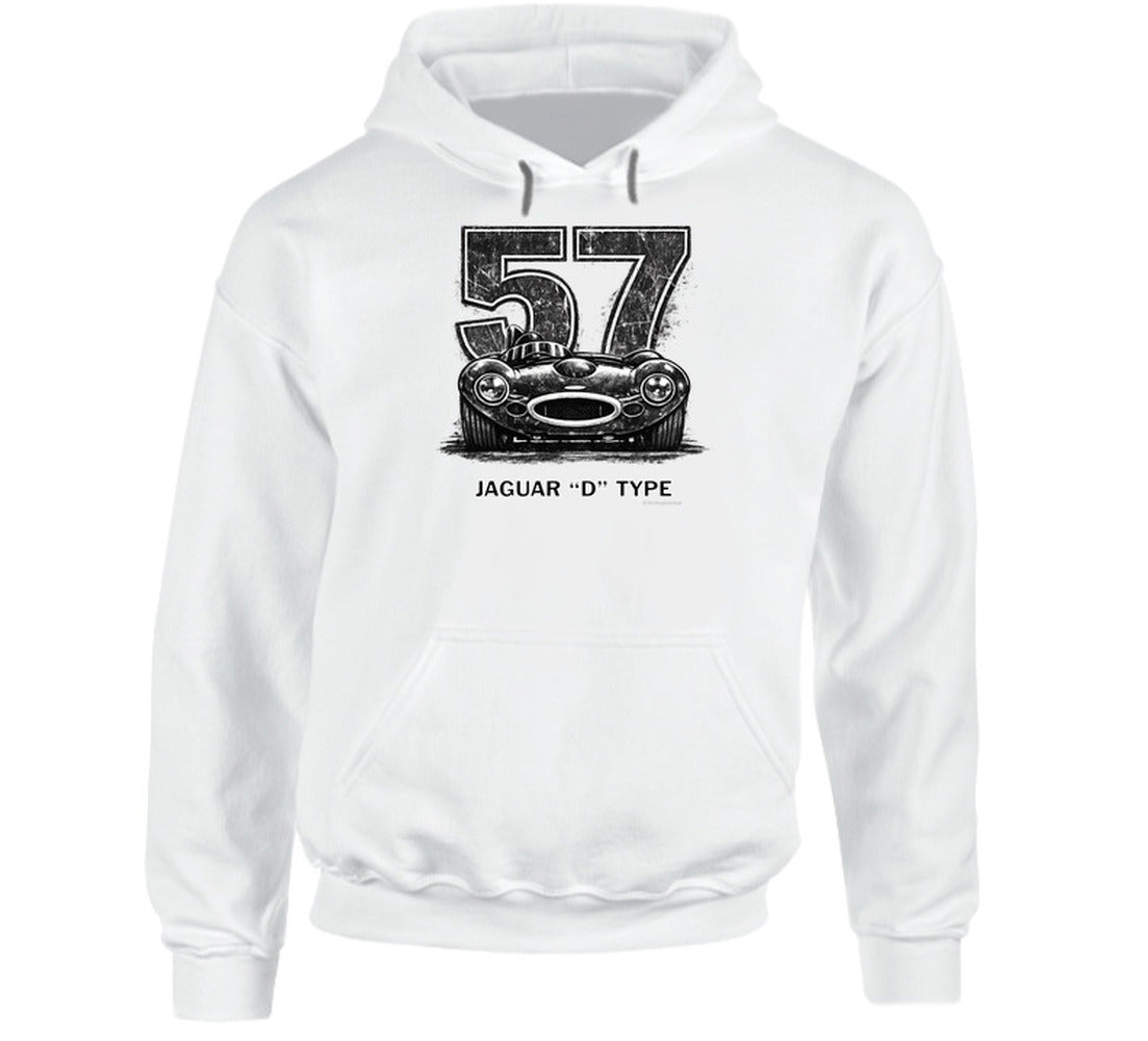 "Vintage Jaguar D-Type hoodie with bold 57 racing number and classic British sports car illustration"